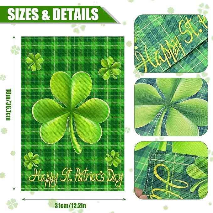 Happy St Patricks Day Flag Double Sided Garden Flag 18 X 12 Inch With Shamrock Buffalo Check Plaid Rustic Burlap Yard Sign Green Banners For Irish Holiday Outside Lawn Decoration Decorations