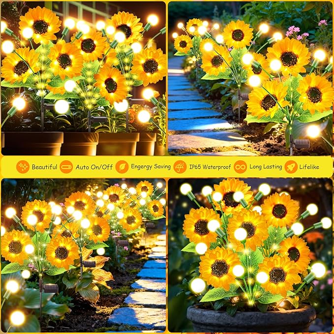 Garpar Garden Lights Solar Powered, Upgraded 4 Pack Bigger Solar Sunflowers with Swaying Firefly Lights, Brighter Waterproof Solar Yard Lights for Outdoor Garden Pathway Patio Lawn Backyard, Gift