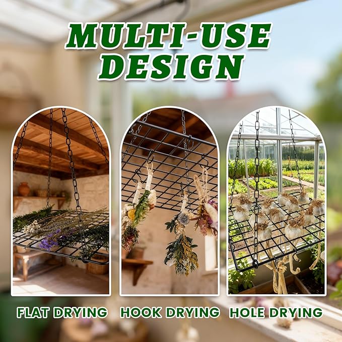 Nordic Black Iron Garlic & Herb Drying Rack–Space-Saving 81-Hole Metal Dryer for Flower, Onions, and Grass–Rust-Resistant Hanging Organizer for Indoor & Outdoor Use–Ideal for Home Gardeners