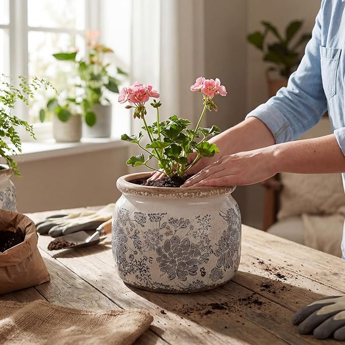 7.7" Large Ceramic Plant Pot Beige Gray Rustic Peony Crackle Glaze Rustic Flowers Pot Decorative Planter with Drainage for Indoor Outdoor Plants Home Kitchen Office Decor Gift