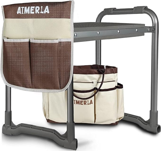 Aimerla Foldable Garden Kneeler Seat Heavy Duty [Upgraded Widened Thick Kneeling Pad] Garden Stool with Large Garden Tool Bags with Pockets - Portable Garden Bench Gardening Gifts for Parents