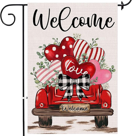 Valentine's Day Garden Flag, Valentines Flag 12x18 Double Sided Decorations, Red Truck Small Flag for Outdoor