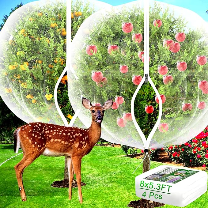 Fruit Tree Netting with Zipper - 4Pcs 5.3 x 8 FT Garden Bird Netting for Blueberry Bushes with Drawstring,Insect Plant Protection Mesh Net Bags for Tomato,Flowers,Animals,Cherry (4, 5.3 x 8 FT)
