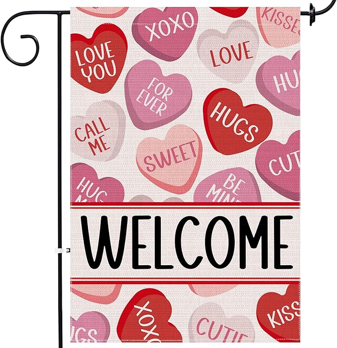 Valentines Day Garden Flag 12x18 Inch Double Sided, Love Hearts Welcome Valentine Decorations Burlap Garden Flags Rustic Anniversary Yard Outdoor Farmhouse Outside
