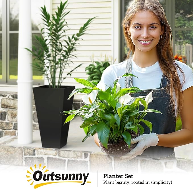 Outsunny Tall Planters for Outdoor Plants Set of 3, 28 in Taper Planters with Drainage Holes, Indoor Grande Plant Pots, Front Porch Decor, Black