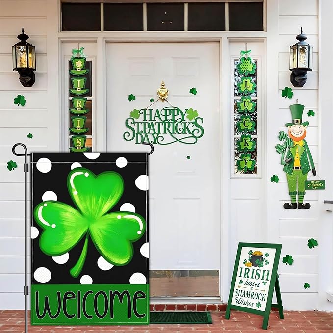 St Patricks Day Garden Flag Shamrock Lucky Irish Blessing Garden Flag Happy St Patrick's Day Yard Decor Garden Flags for Outside 12×18 Inch Double Sided Outdoor House Holiday Decorations