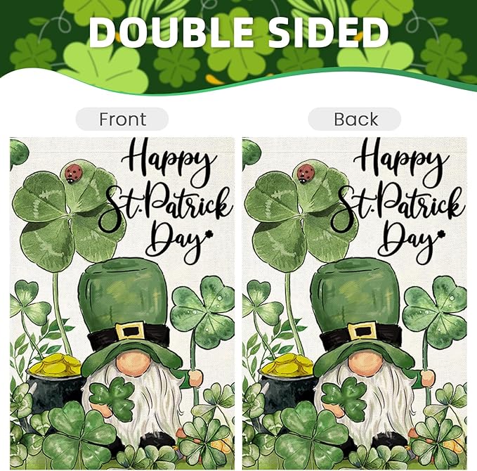 Happy St Patricks Day Garden Flags for Outside, Irish Gnome with Lucky Shamrocks Small Seasonal Decoration for Holiday Anniversary Yard Outdoor Decor 12x18 Inch Double Sided