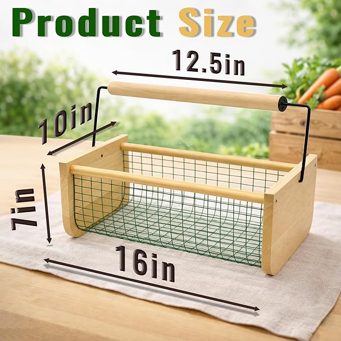 Garden Hod Harvest Basket, 16 x 10 x 7in Gardening Harvest Baskets with Wood Handle, Solid Wood with PVC Wire Mesh, Garden Baskets for Gathering Vegetables