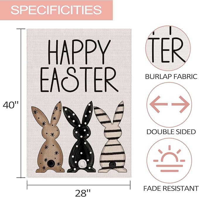 Easter Flag 28x40 Inch Double Sided Outside, Black Bunnies Flag Burlap Happy Easter Welcome Yard Decorations Outdoor