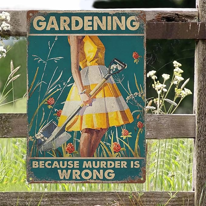 2Pcs Funny Garden Sign Gardening Because Murder Is Wrong Hoeing Ain't Easy Vintage Tin Plate Signs Garden Decor for Outside Yard, Backyard, Patio, Porch and Home Garden 8x12 Inch