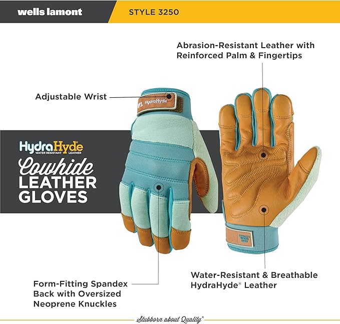 Wells Lamont Women's HydraHyde Leather Hybrid Gloves – Water-Resistant, Durable Cowhide Palm, Spandex Stretch Back – Ideal Landscaping/Farming/Gardening Gloves – Adjustable Wrist (3250S) (Pack of 2)