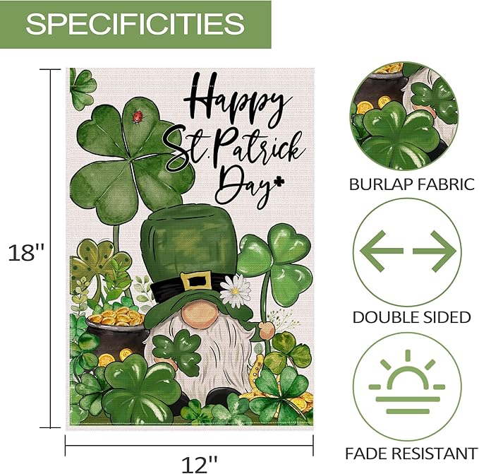 St Patricks Day Garden Flag 12x18 Inch Double Sided Outside, Shamrocks Clovers Gnome with Coin Pot Flag Burlap Happy St Patricks Day Decorations Outdoor Yard Decor