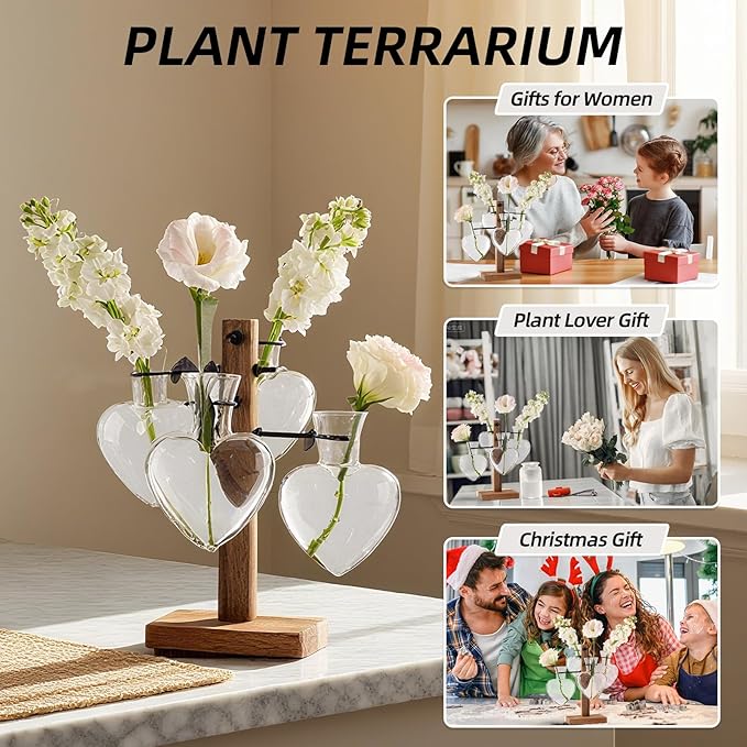 Plant Propagation Station with Acacia Wood Stand, 4 Heart-Shaped Propagation Vases for Plants, Unique Terrarium Kit for Office and Home Decor, Gifts for Plant Lovers