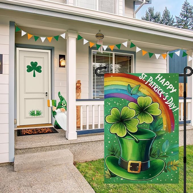 Happy St Patricks Day Garden Flag 12x18 Inch, Green Hat with Four-leaf Clover Double Sided Flag for Yard Outdoor Decoration