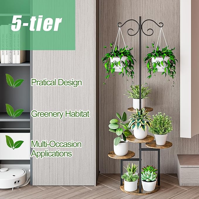 Plant Stand Indoor 5 Tier 8 Potted with hook hanging basket Multiple Flower Pot Holder for Patio Garden Balcony Living Room Corner (5 Tier with hook Black+Rustic Brown)