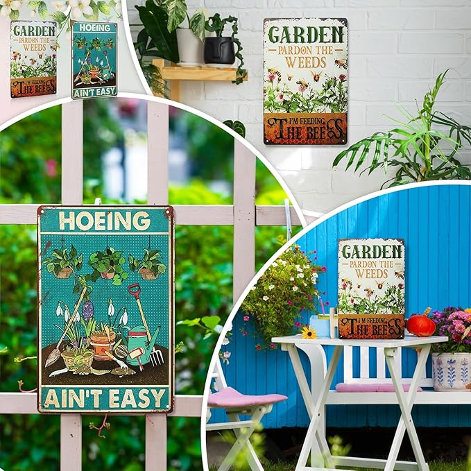 2 Pcs Funny Metal Tin Garden Sign 12'' x 8'' Gifts for Plant Lovers Women Grandma Mom Garden Decor Metal Tin Sign for Farmhouse Greenhouse Patio Yard Wall Decor Indoor Outdoor(Home, Bee)