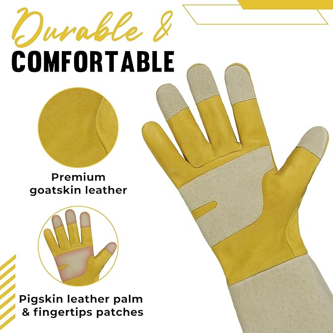 HANDLANDY Rose Pruning Gardening Gloves for Men Women, Thorn Proof Forearm Protection Leather Garden Gloves, Gardening Gifts for Gardeners (Butter Yellow, Large)