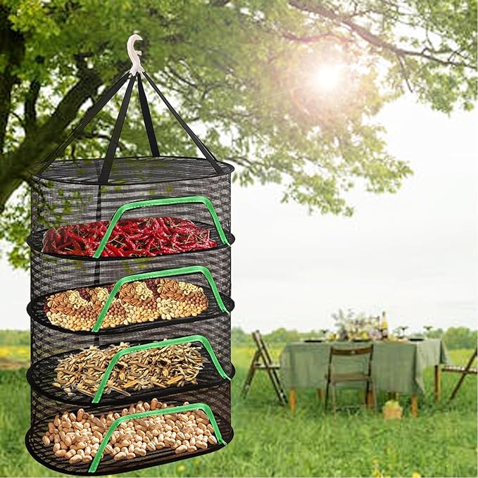 Herb Drying Rack 4 Layer Hanging Design with Green Zippers for Dehydrating, Indoor and Outdoor Pruning Shears Included Plants, Seeds, Buds Outdoor, Hydroponics (Black)