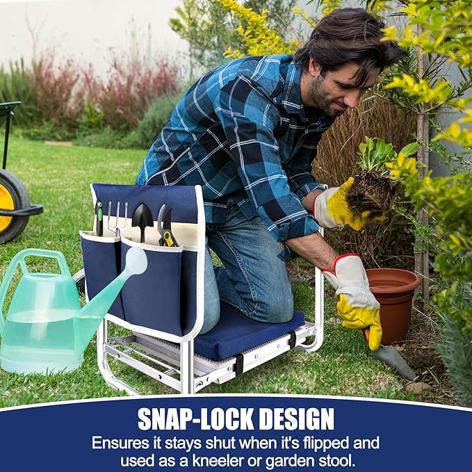 Foldable Garden Kneeler and Seat, Thicken & Widen Soft Pad for Kneeling and Sitting to Prevent Knee& Back Pain, Heavy Duty Garden Stool with 2 Large Tool Pouches, Gardening Gifts for Women Men Seniors