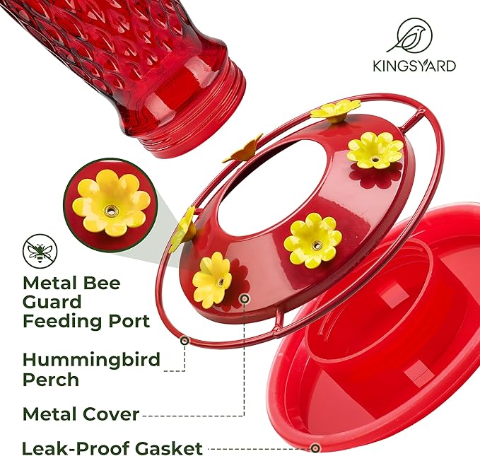 Kingsyard Hummingbird Feeders for Outdoors Hanging, 24 Ounce, Glass Hummingbird Feeder with Ant Moat & 6 Bee Guard Feeding Ports, Leak-Proof, Red