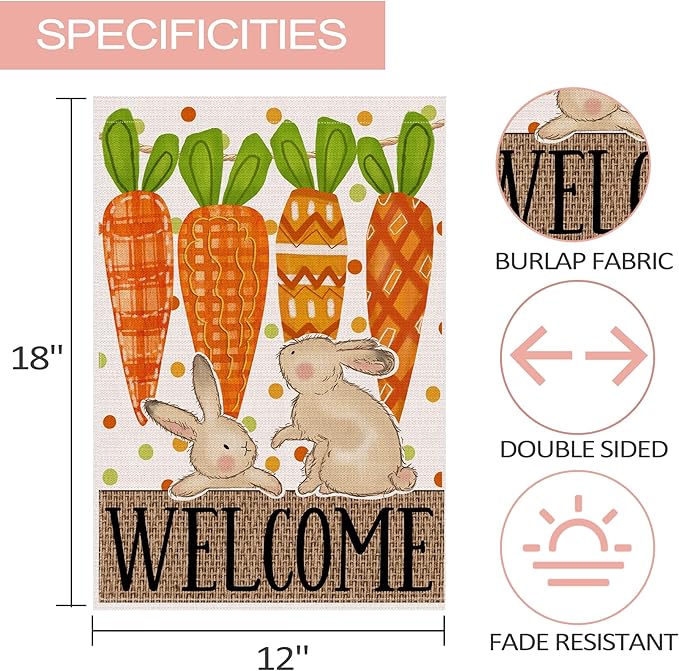 Easter Garden Flag 12x18 Inch Double Sided Outside, Carrots Bunny Easter Flag Burlap Decorations Outdoor Yard