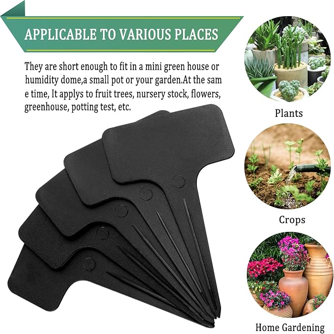 Whaline 100 Pcs Plastic Plant Labels Black T-Type Garden Stake Tags Waterproof Plant Markers Reusable Plant Signs for Outdoor Indoor Nursery Potted Plants Seed with A White Marker Pen (6 x 10 cm)