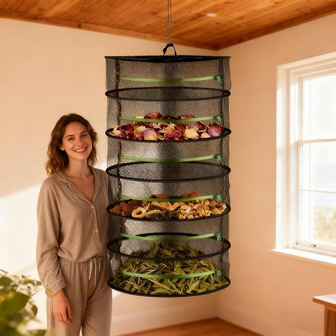 6 Tier Mesh Zippered Herb Drying Rack Hanging with Hook, Outdoor Foldable Drying Tents for Plants, Seeds