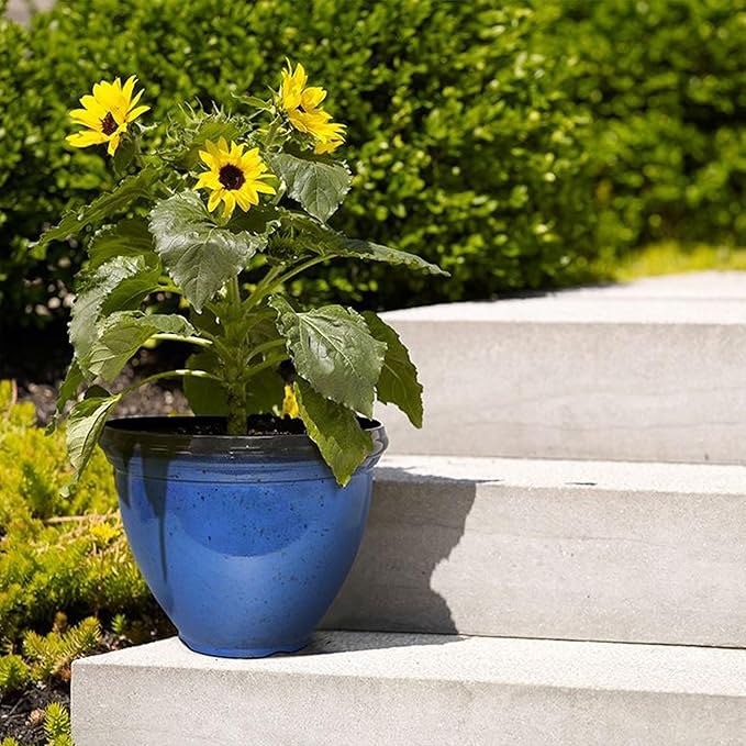 Southern Patio Heritage Planter, 12-Inch Outdoor Round Planter Pot, Light Resin Pot for Porch or Patio Use, Monaco Blue, (Size/Dimensions), 2 Pack