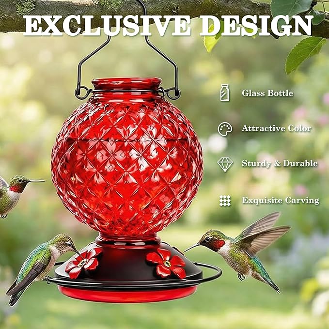 Glass Hummingbird Feeder for Outdoors Hanging, 25 OZ Humming Bird Nectar Feeder with 4 Bee Guard Feeding Ports & Built-in Ant Moat, Bird Feeder for Outside, Gifts for Women Mom, Red