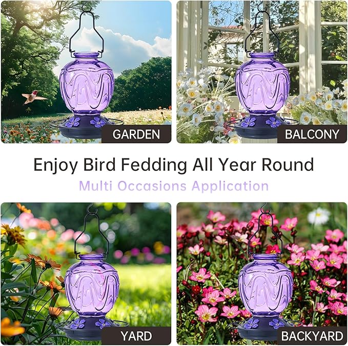 Glass Hummingbird Feeder for Outdoors Hanging,24Ozs Humming Bird Nectar Feeder w/Perch,5 Flower Feeding Ports,Leak Proof Base and Hook for Outside Garden Backyard Decor, Gifts for Women Mom,Purple