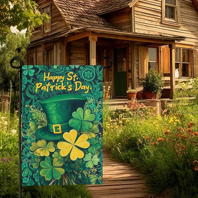 Happy St. Patrick's Day Shamrock Garden Flag Double Sided 12 x 18 Inch Green Hat with Clovers Decorative Garden Yard Flags for Home Decor