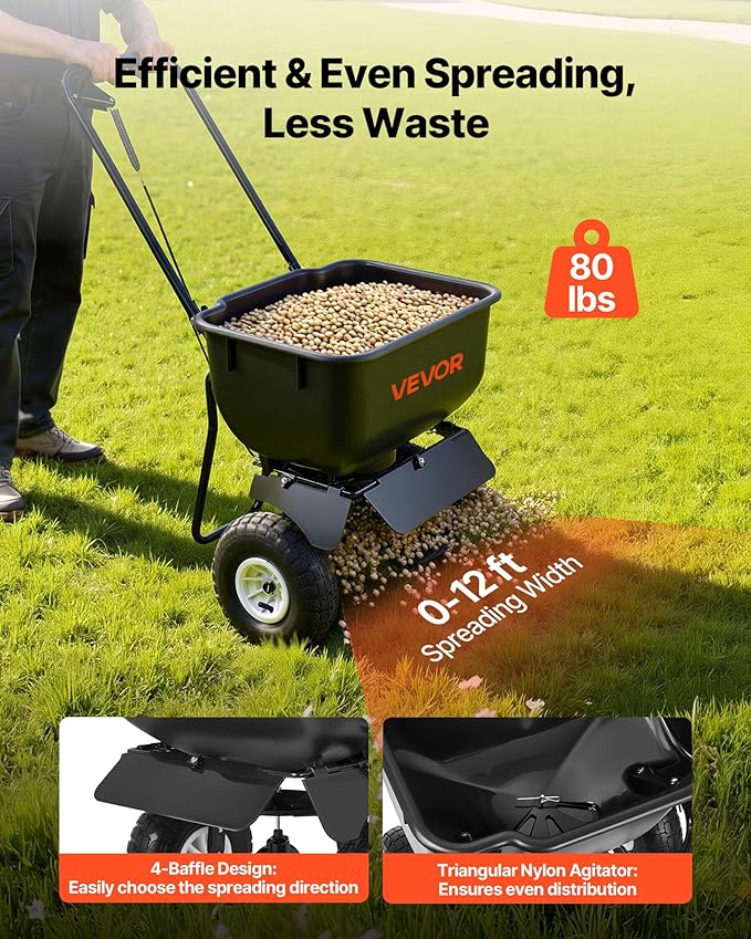 VEVOR Push Lawn Spreader, 12ft Spreading Width, Broadcast Spreader with 80lbs Load Capacity & 10 in All-Terrain Tires, Walk-Behind Garden & Lawn Broadcast Spreaders for Seed Fertilizer, Salt Ice Melt