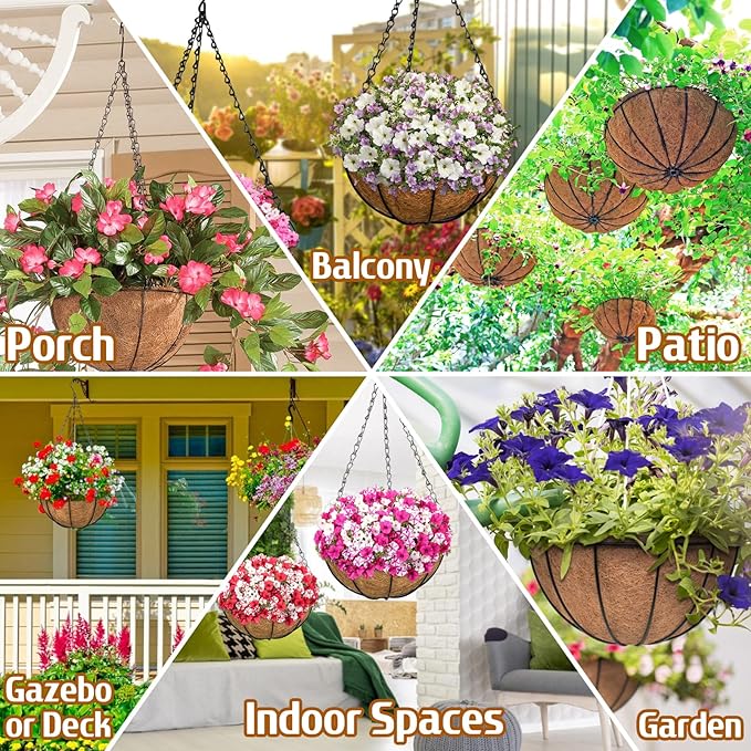 ZeeDix 2 Pack 14 Inch Metal Hanging Baskets for Plants Outdoor, Wire Round Planters with Coco Coir Liner, Hanging Flower Baskets for Home Garden Porch Balcony Railings Decor