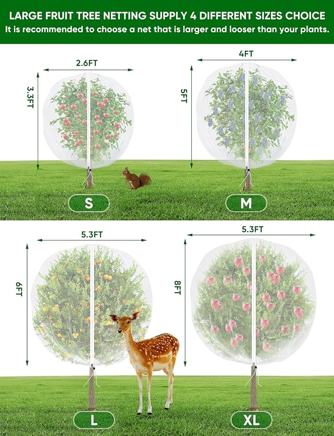 Fruit Tree Netting with Zipper - 4Pcs 5.3 x 8 FT Garden Bird Netting for Blueberry Bushes with Drawstring,Insect Plant Protection Mesh Net Bags for Tomato,Flowers,Animals,Cherry (4, 5.3 x 8 FT)