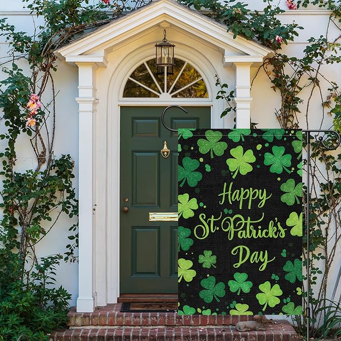 Louise Maelys Happy St Patrick's Day Garden Flag Clover Shamrock Welcome 12x18 Inch Double Sided Small Burlap Spring Holiday Yard Outdoor Outside House Decor
