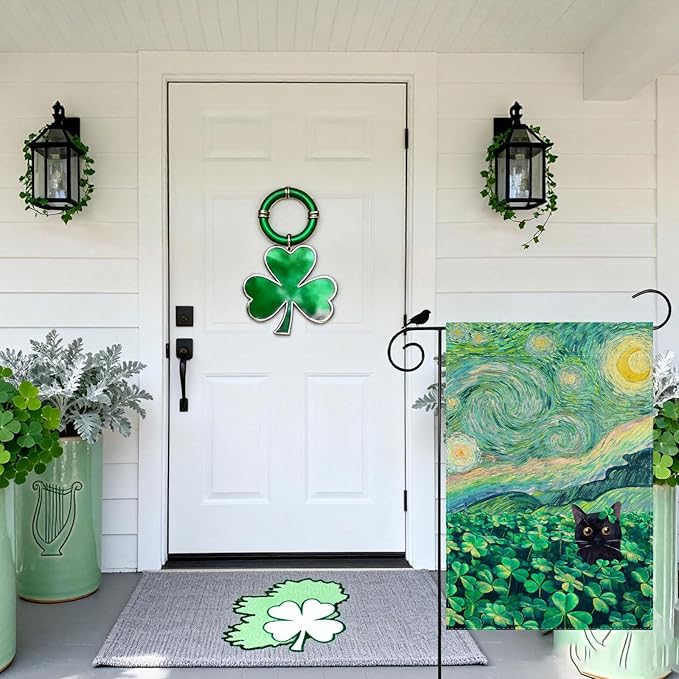 Shamrocks Clovers Cat Oil Painting Starry Night Sky Moon St. Patrick's Day Garden Flag 12x18 Inch Double Sided Small Mini Yard Flag Outdoor Outside Holiday Party Decoration