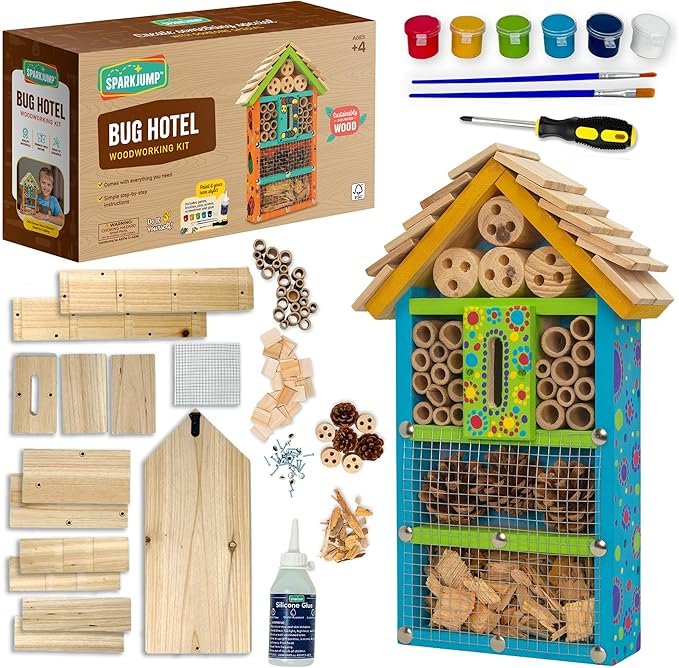 SparkJump Premium Bug Hotel Kit for Kids – Easy Wood Craft Kits for Children, Lady Bug House for Garden with Tools, Paints & Glue, Fun Birthday Gifts for Girls and Boys