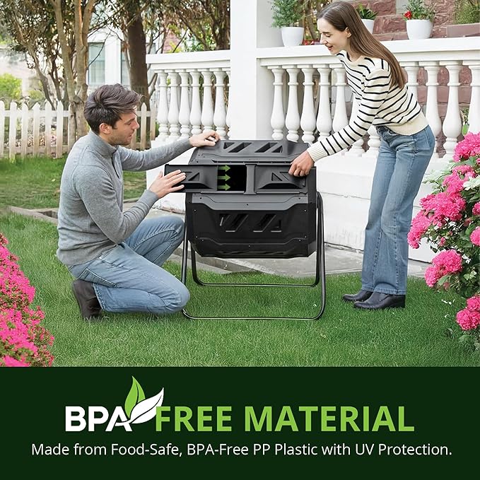 Simply Bio 43-Gallon Outdoor Compost Tumbler Bin – BPA-Free Rotating Compost Bin for Garden, Kitchen and Yard Waste, Outdoor Compost Bin Tumbler, Dual Chamber, Black, Weather-Resistant