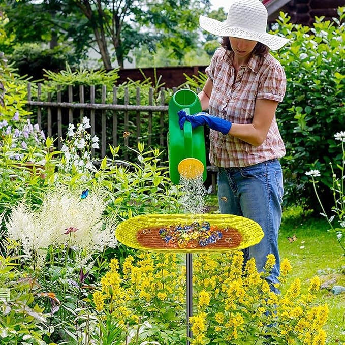 Bee Watering Station, Metal Butterfly Water Feeder with 30 Colorful Glass Marbles, Bee Waterer Feeder for Butterfly Bird Garden Outdoor Decors (Yellow Orange)
