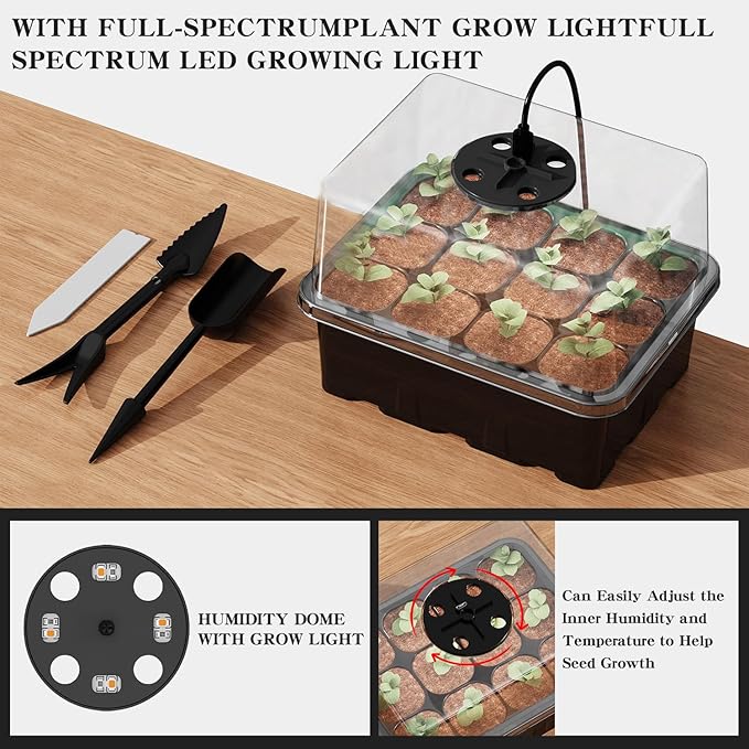 NBPLUS Seed Starter Tray with Grow Light, 5 Pack 60 Cells Seed Starter kit with Humidity Dome and Base, Plant Seedling Trays Indoor Greenhouse Gardening (Black 5 Pack)