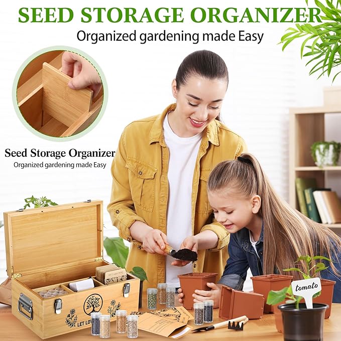 Large Bamboo Seed Storage Organizer with Lid and Locks, Seed Organizer Storage Box with 40 Jars, 50 Envelopes, 100 Plant Labels 60 Stickers & More, 4 Compartments for Garden Seeds