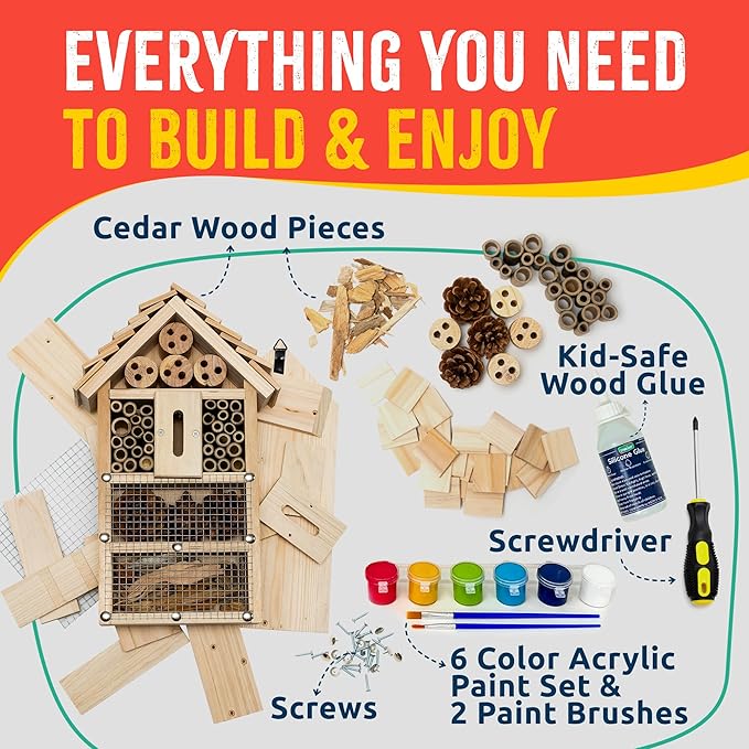 SparkJump Premium Bug Hotel Kit for Kids – Easy Wood Craft Kits for Children, Lady Bug House for Garden with Tools, Paints & Glue, Fun Birthday Gifts for Girls and Boys