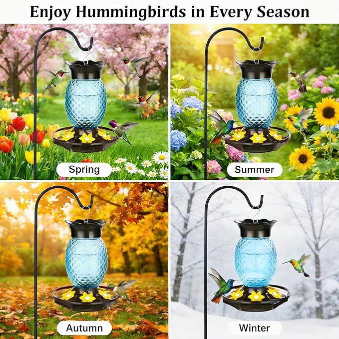 Glass Hummingbird Feeders for Outdoors Hanging Ant and Bee Proof 16OZ 2 Pack Blue Pineapple Humming Bird Feeder with 6 Feeding Ports and Ant Moat Hummingbird Gifts for Women Garden Decor
