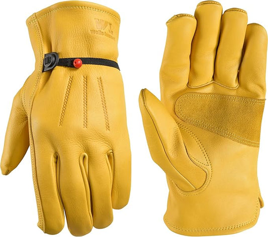 Wells Lamont Leather Work Gloves for Men – Heavy Duty, Cowhide, Abrasion & Puncture Resistant – Adjustable Wrist, Gunn Cut Design, Ideal for Ranching, Farming, Construction - Saddletan - L