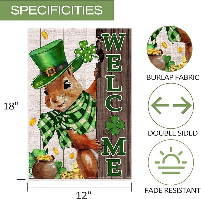 St Patricks Day Garden Flag 12x18 Inch Double Sided Outside, The Squirrel Lucky Shamrock Burlap Garden Flags Decorations, Green Hat with Clovers Gold Coin Pot Outdoor Decor