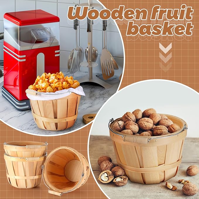 Eaasty 3 Pack Round Wooden Bushel Baskets Wood Fruit Buckets with Handle for Vegetable Snack Fall Holiday Farmhouse Garden Decoration, 4-quart Capacity, 6. 1 Inch Tall, 8 Inch Diameter