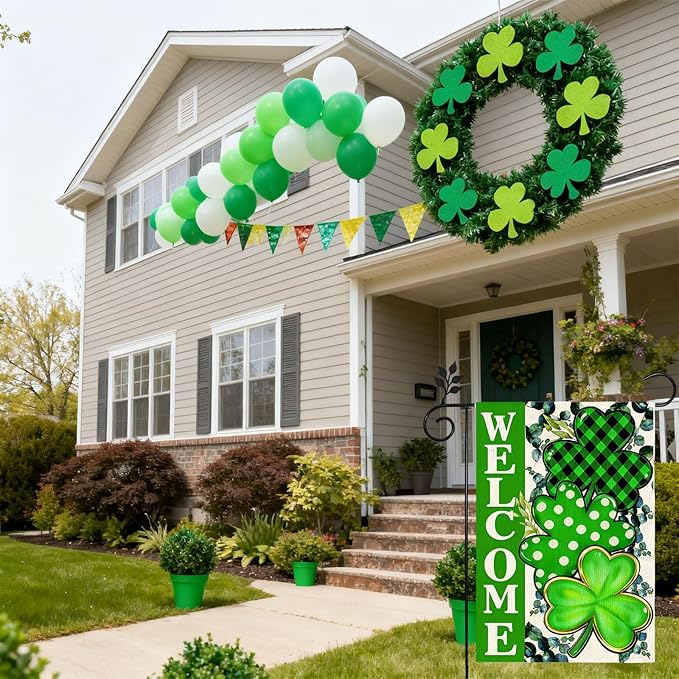St Patricks Day Welcome Garden Flag 12x18 Inch Vertical Double Sided Outside Green Clovers Decoration Burlap Holiday Yard Flag