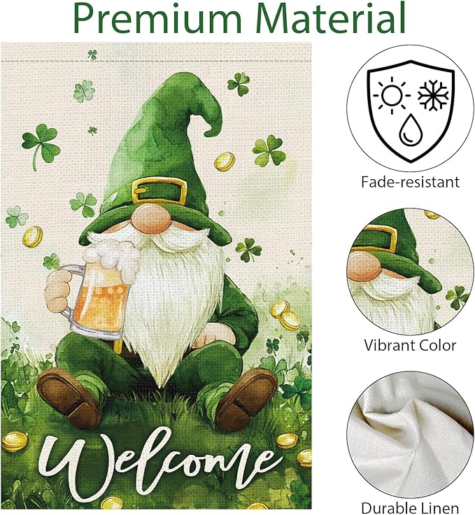 St Patricks Day Gnome Garden Flag 12×18 Inch Double Sided Lucky Shamrock Small Burlap Welcome Green Clover Holiday Outside Yard Flag