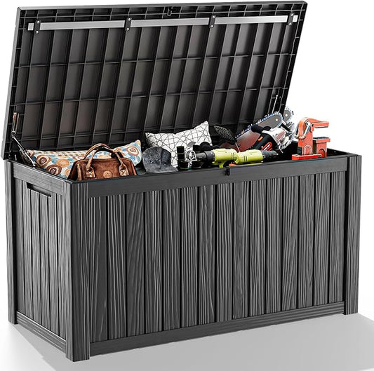 180 Gallon Resin Deck Box, Lockable Weatherproof Outdoor Storage Box for Furniture, Garden Tools and Tools Storage, Waterproof Outside Storage Boxes - Black