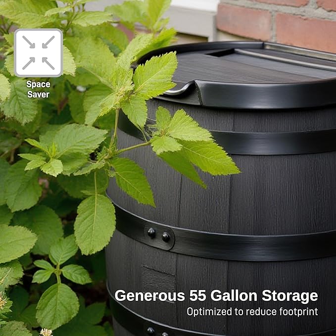 RTS Home Accents Premium 55-Gallon Eco Rain Barrel with Removable Lid, Flat Back Rain Water Collection Barrel, Made with 100% Recycled Plastic, Black